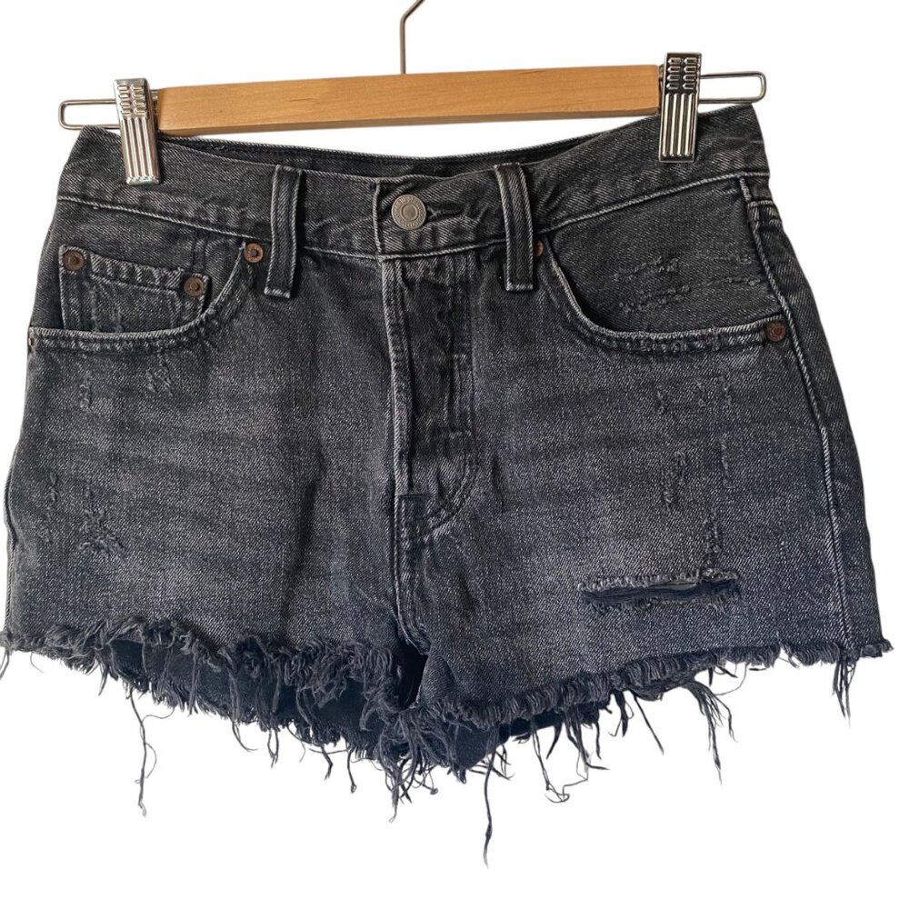 Levi 501 Big E black denim cut off shorts distressed button fly women 24"‎